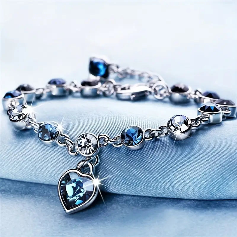 Hjartaarmband með hafbláum steini | Hvítagull